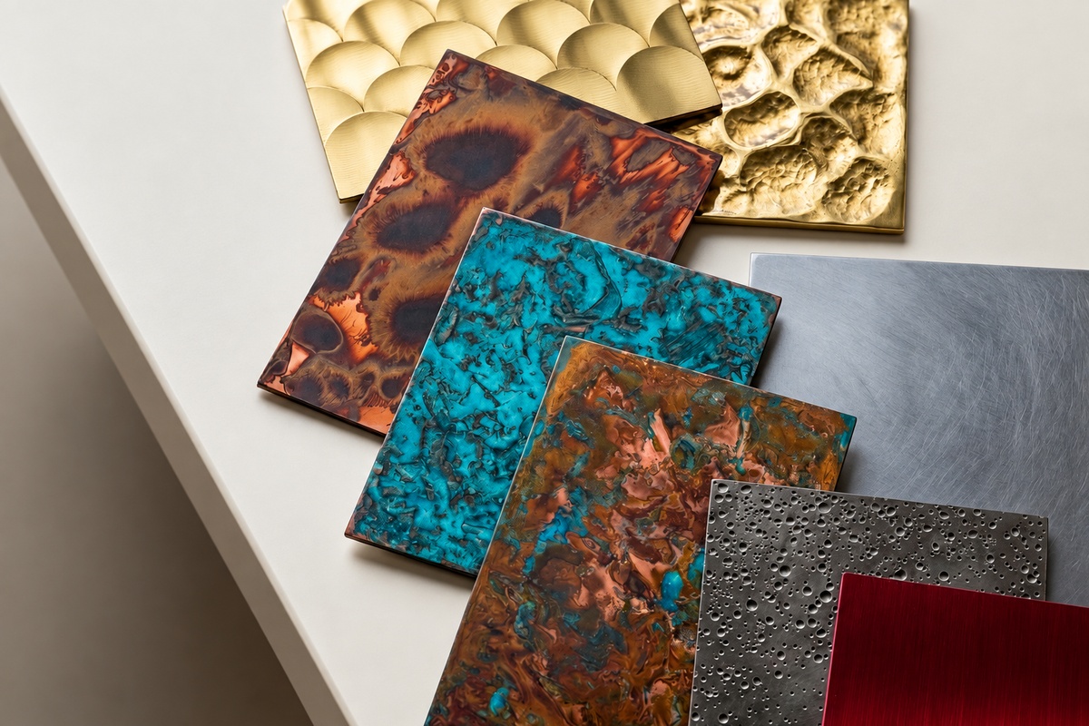 Metal finish samples for furniture: hammered brass, oxidised copper, brushed steel and textured surfaces