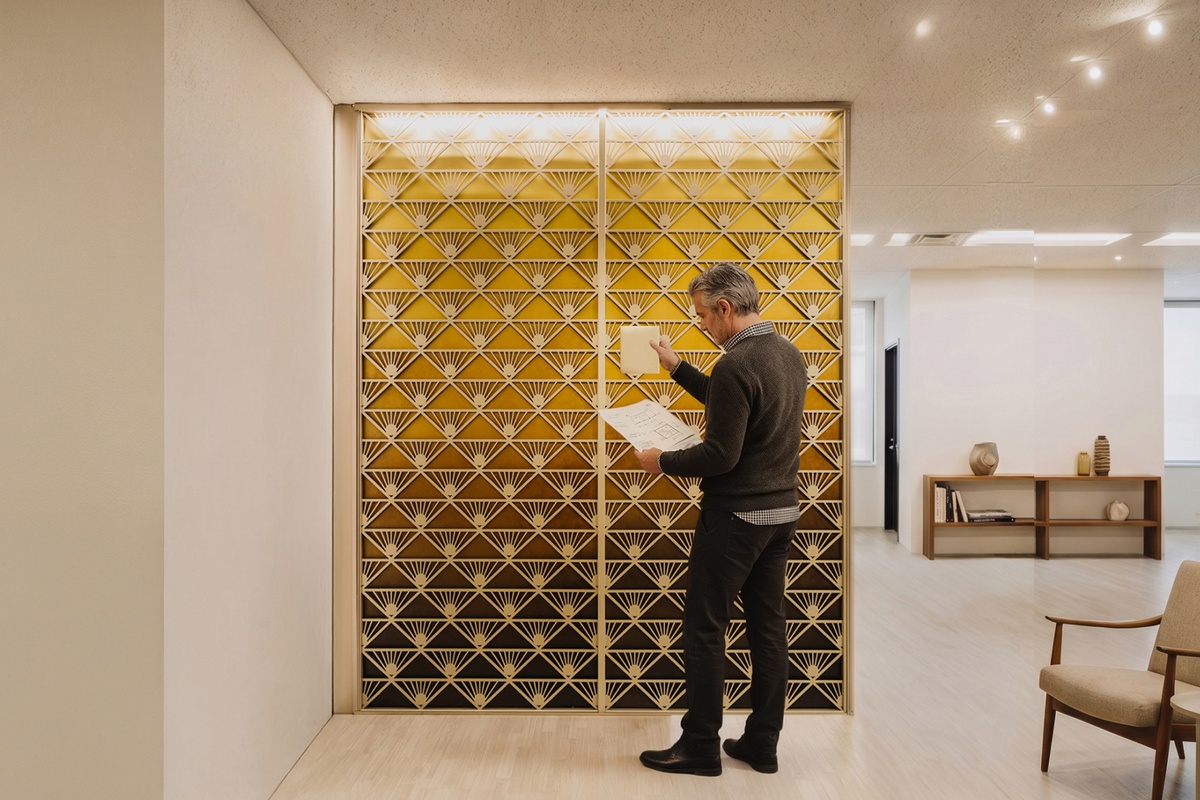 Parete decorativa in metallo con finitura ottone a motivo geometrico in un ufficio, con un progettista che consulta un disegno