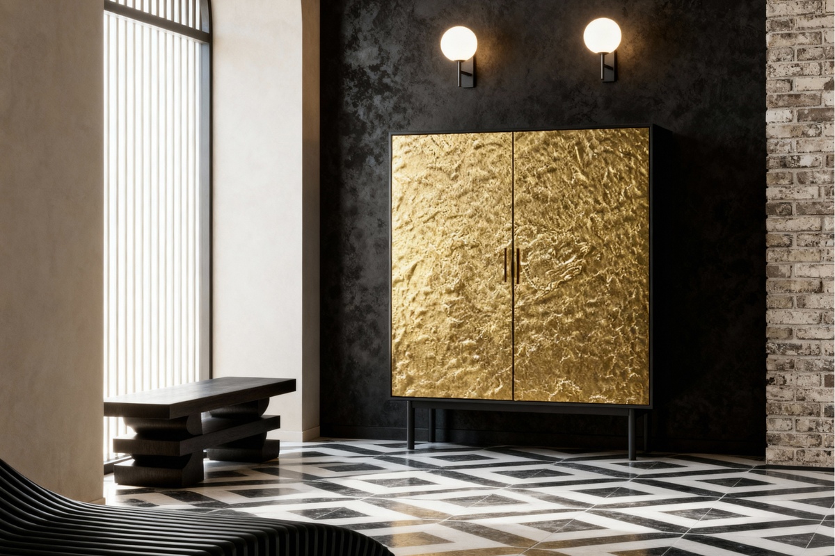 Cabinet with hammered golden brass doors in a contemporary interior with a dark wall